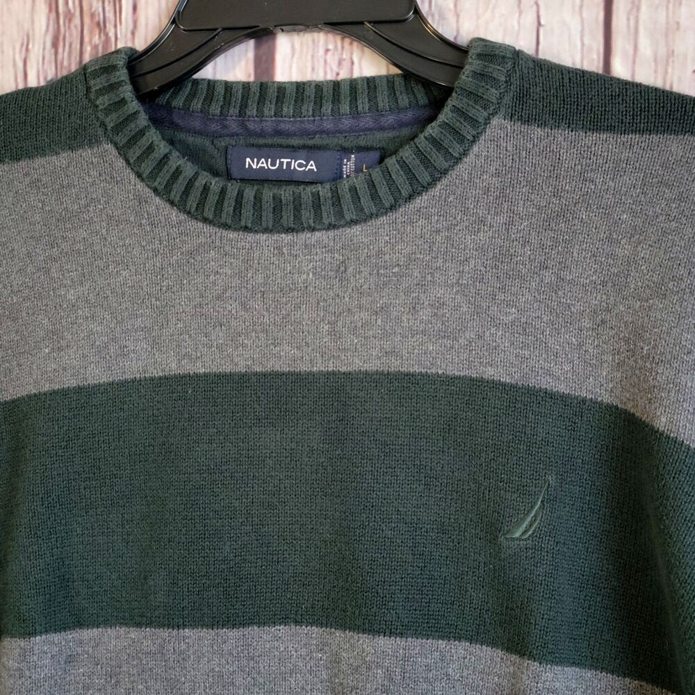 Nautica Large Cotton VTG 90s Y2K Crew Sweater Mens Striped Green Ribbed Pullover - Picture 2 of 5